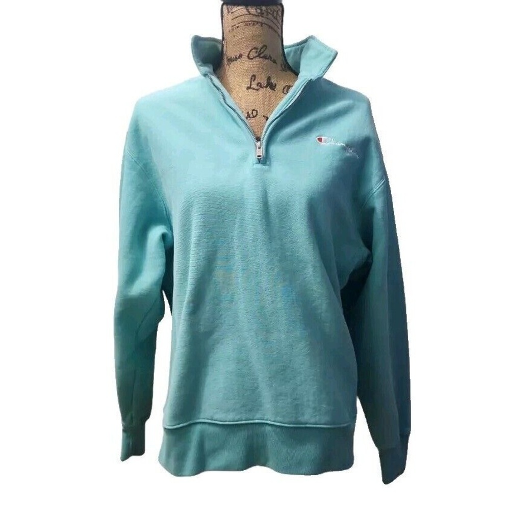 Vtg Champion Women‎ Size M Reverse Weave Quarter Zip Crew Pullover Light Blue